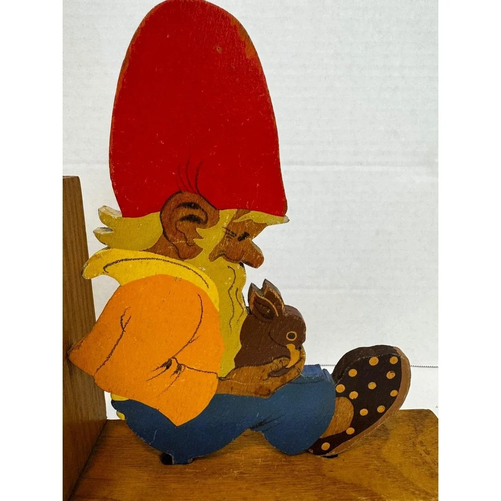 Vintage Wooden Gnome Bookend Hand Painted Elf Nursery Decor Whimsigoth Fairycore